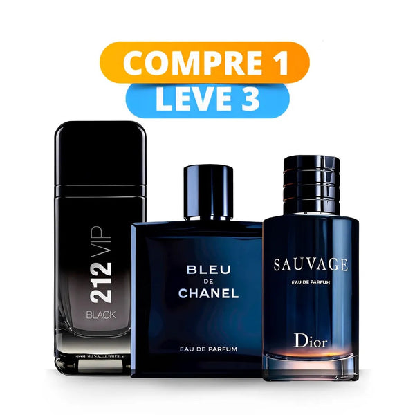 QUEIMA DE ESTOQUE - 3 Perfumes Masculinos Importados (100ml cada) - Sauvage Dior l Bleu de Chanel l 212 VIP Black )